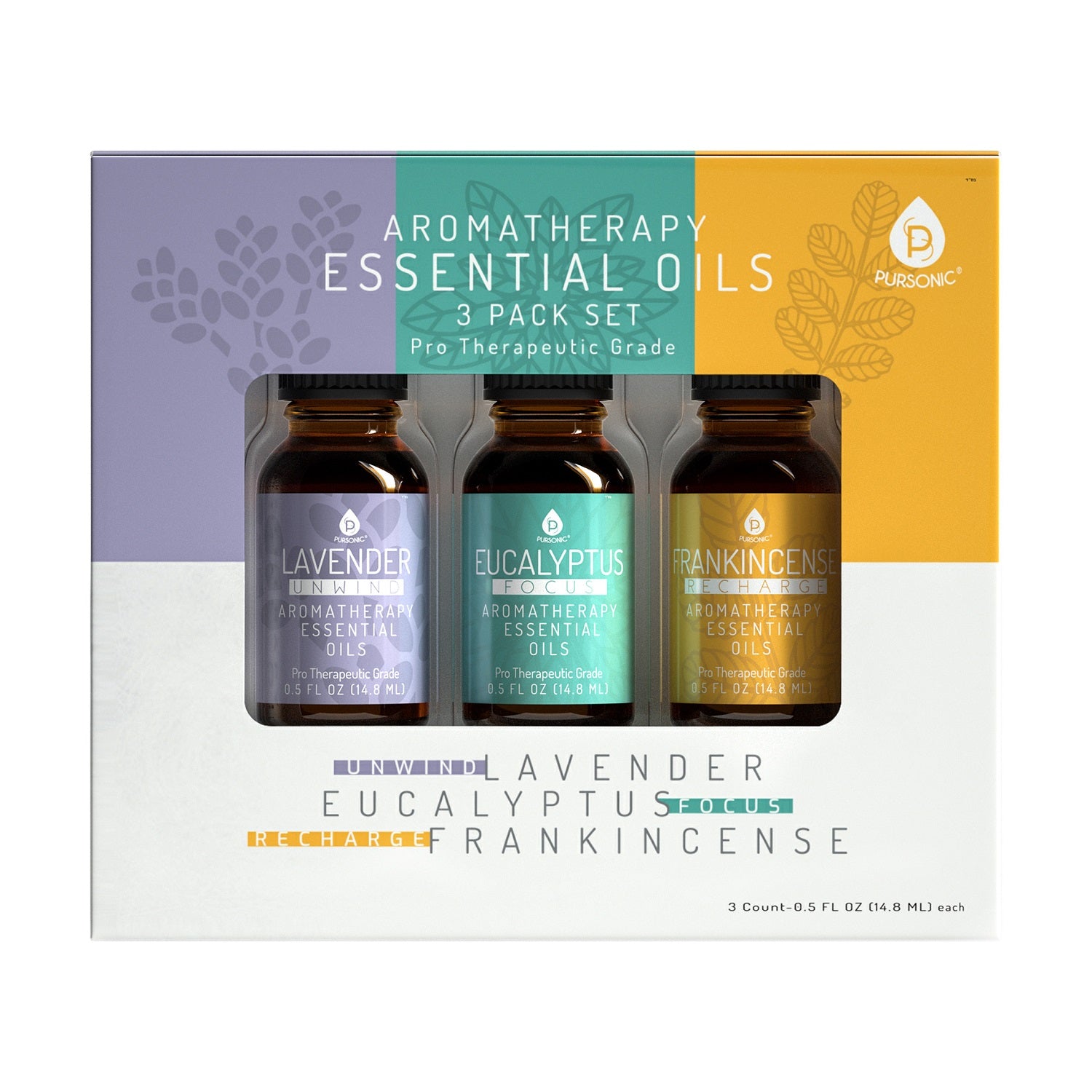 3 Pack Aromatherapy Essential Oils featuring Lavender, Eucalyptus, and Frankincense in elegant bottles, perfect for relaxation and emotional well-being.