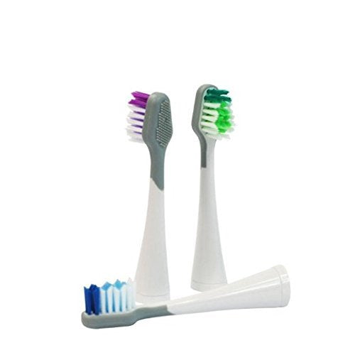 Three replacement brush heads for Pursonic electric toothbrush models S400, S450, and S600, featuring a silicone tongue brush on the reverse side.