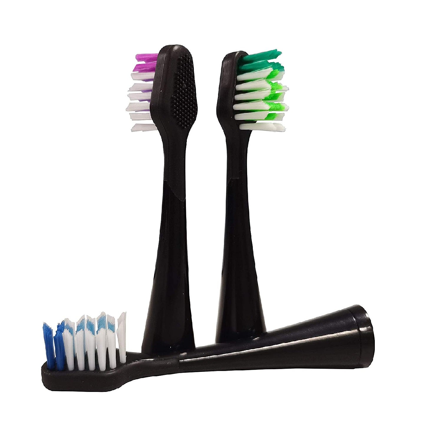 Three replacement brush heads for Pursonic electric toothbrush models, featuring a silicone tongue brush on the reverse side.