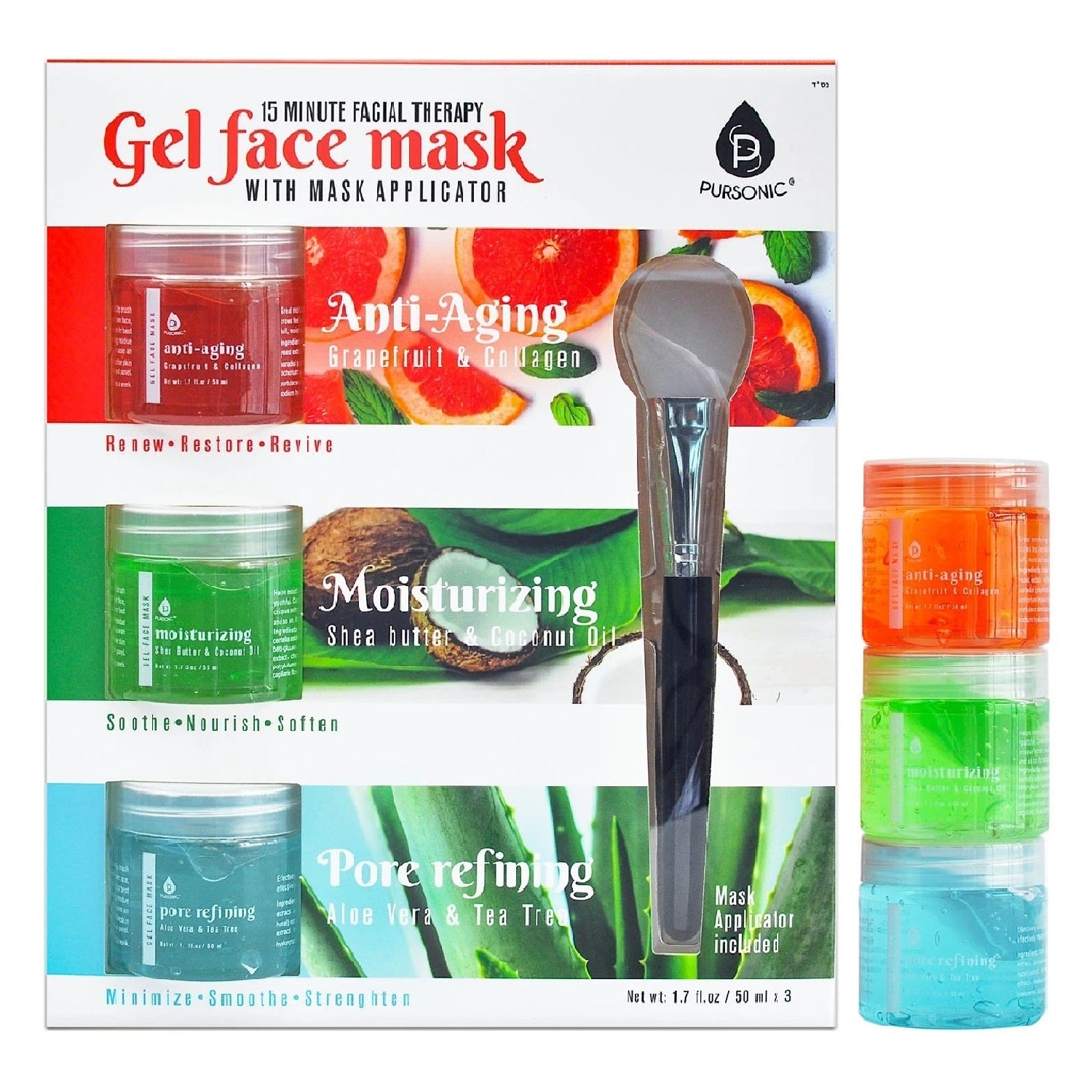 Three gel face masks in jars with a mask applicator brush, featuring Grapefruit & Collagen, Shea Butter & Coconut Oil, and Aloe Vera & Tea Tree formulas.