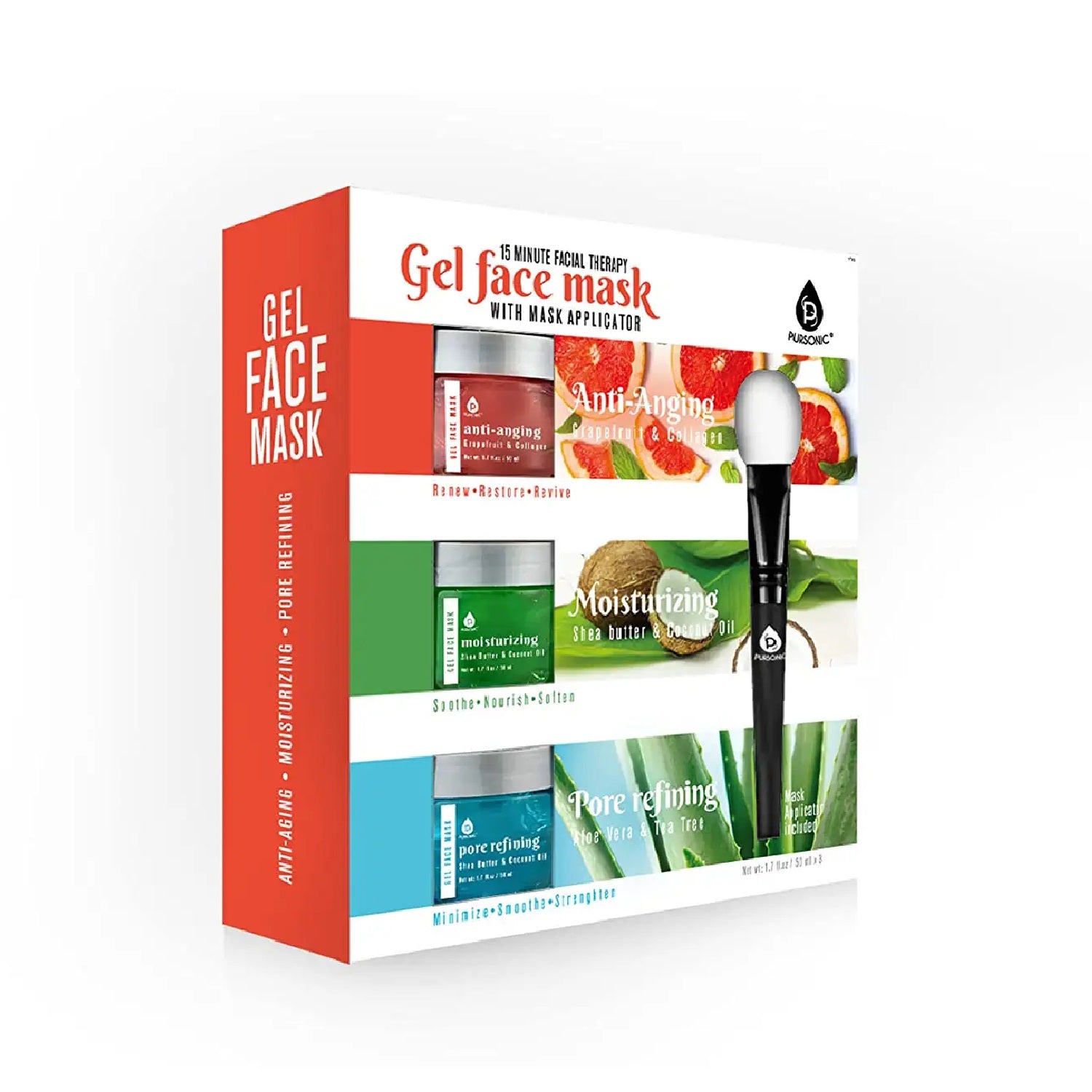 Three gel face masks in jars with a mask applicator brush, featuring Grapefruit & Collagen, Shea Butter & Coconut Oil, and Aloe Vera & Tea Tree formulas.