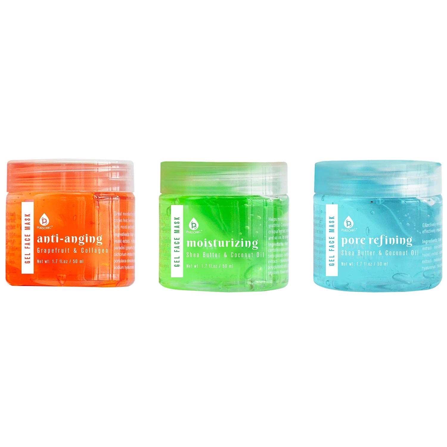 Three gel face masks in jars with a mask applicator brush, featuring Grapefruit & Collagen, Shea Butter & Coconut Oil, and Aloe Vera & Tea Tree formulas.