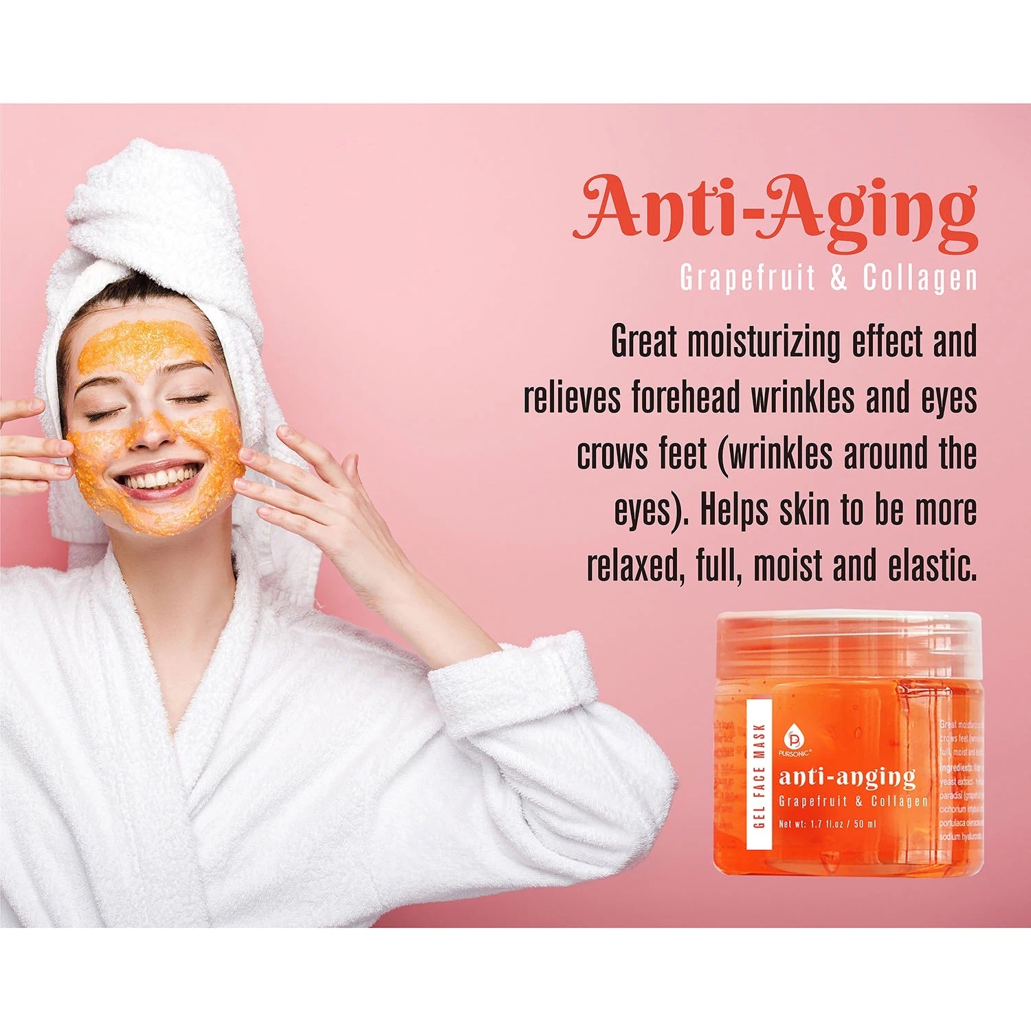 Three gel face masks in jars with a mask applicator brush, featuring Grapefruit & Collagen, Shea Butter & Coconut Oil, and Aloe Vera & Tea Tree formulas.