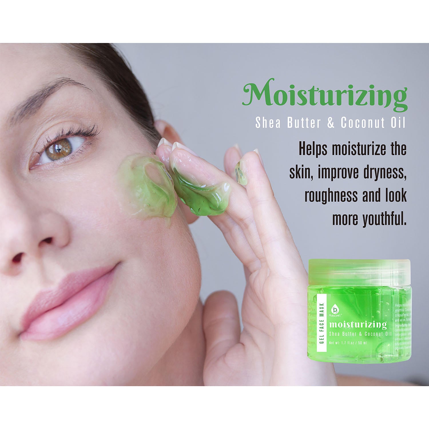 Three gel face masks in jars with a mask applicator brush, featuring Grapefruit & Collagen, Shea Butter & Coconut Oil, and Aloe Vera & Tea Tree formulas.