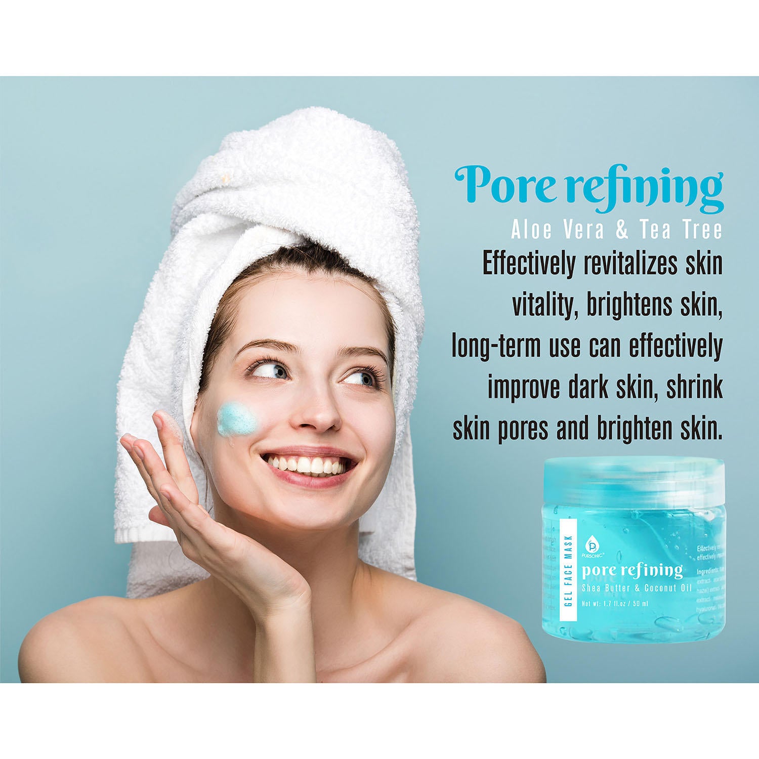 Three gel face masks in jars with a mask applicator brush, featuring Grapefruit & Collagen, Shea Butter & Coconut Oil, and Aloe Vera & Tea Tree formulas.