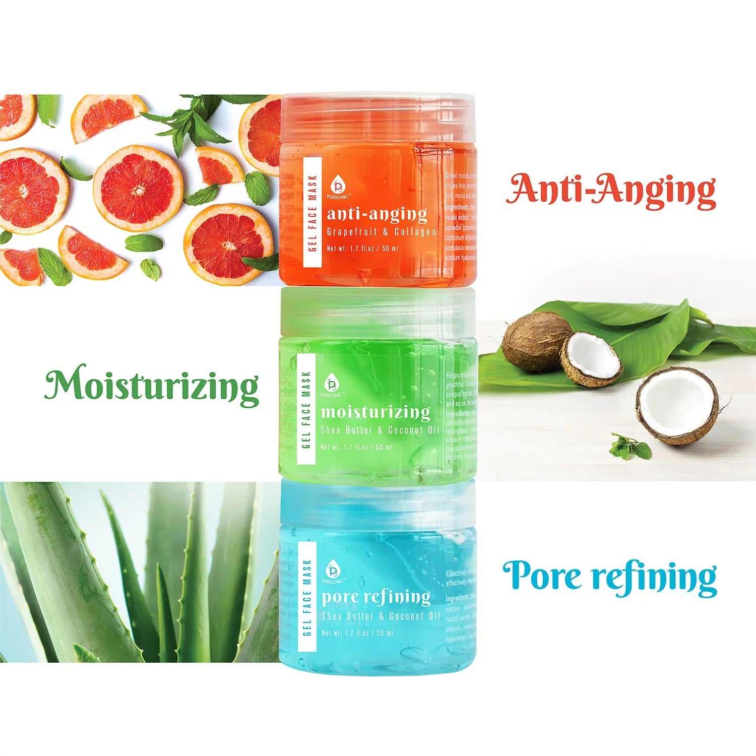 Three gel face masks in jars with a mask applicator brush, featuring Grapefruit & Collagen, Shea Butter & Coconut Oil, and Aloe Vera & Tea Tree formulas.