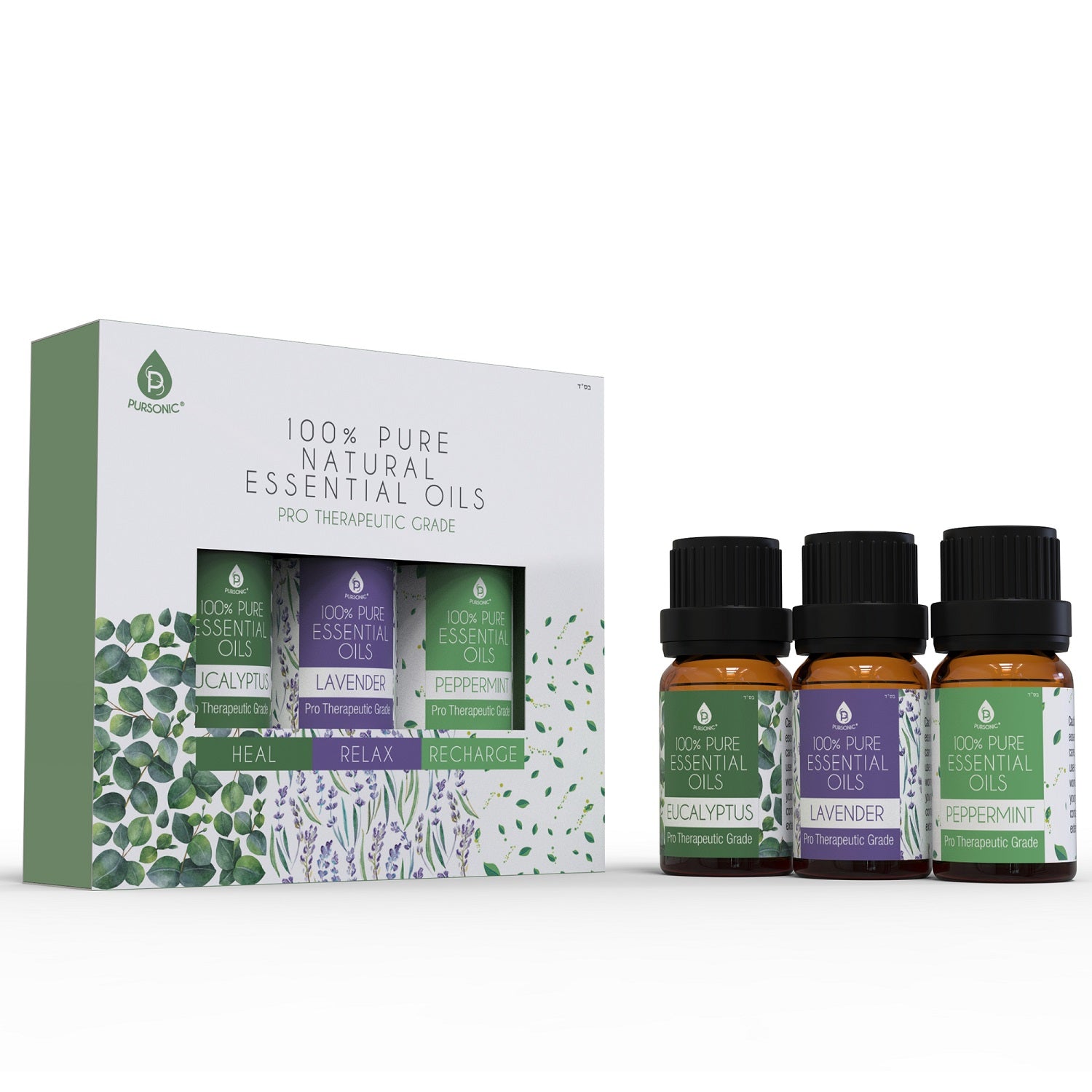 Three bottles of 100% Pure Essential Oils: Eucalyptus, Lavender, and Peppermint, arranged elegantly with natural elements.
