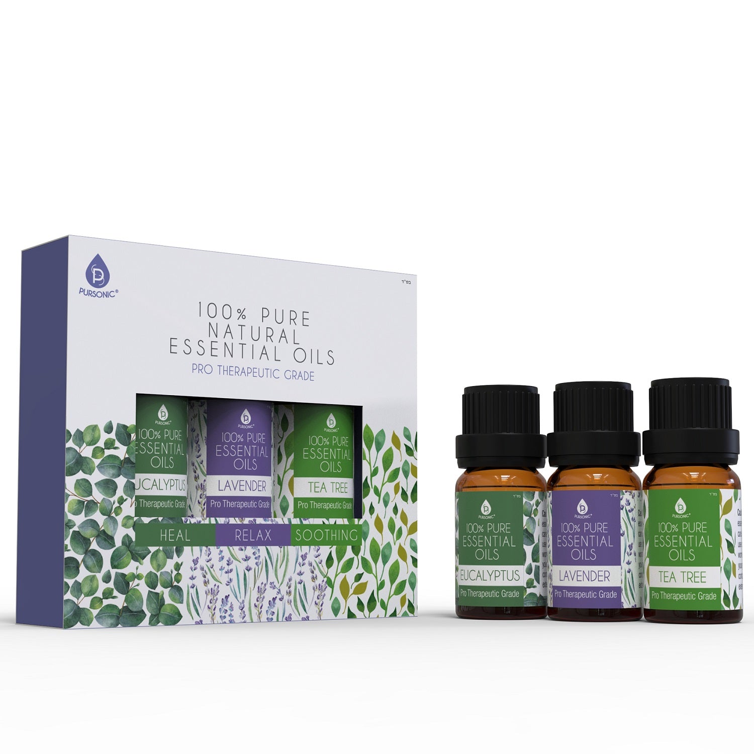 Three bottles of 100% Pure Essential Oils: Eucalyptus, Lavender, and Tea Tree, arranged on a wooden surface with a calming background.