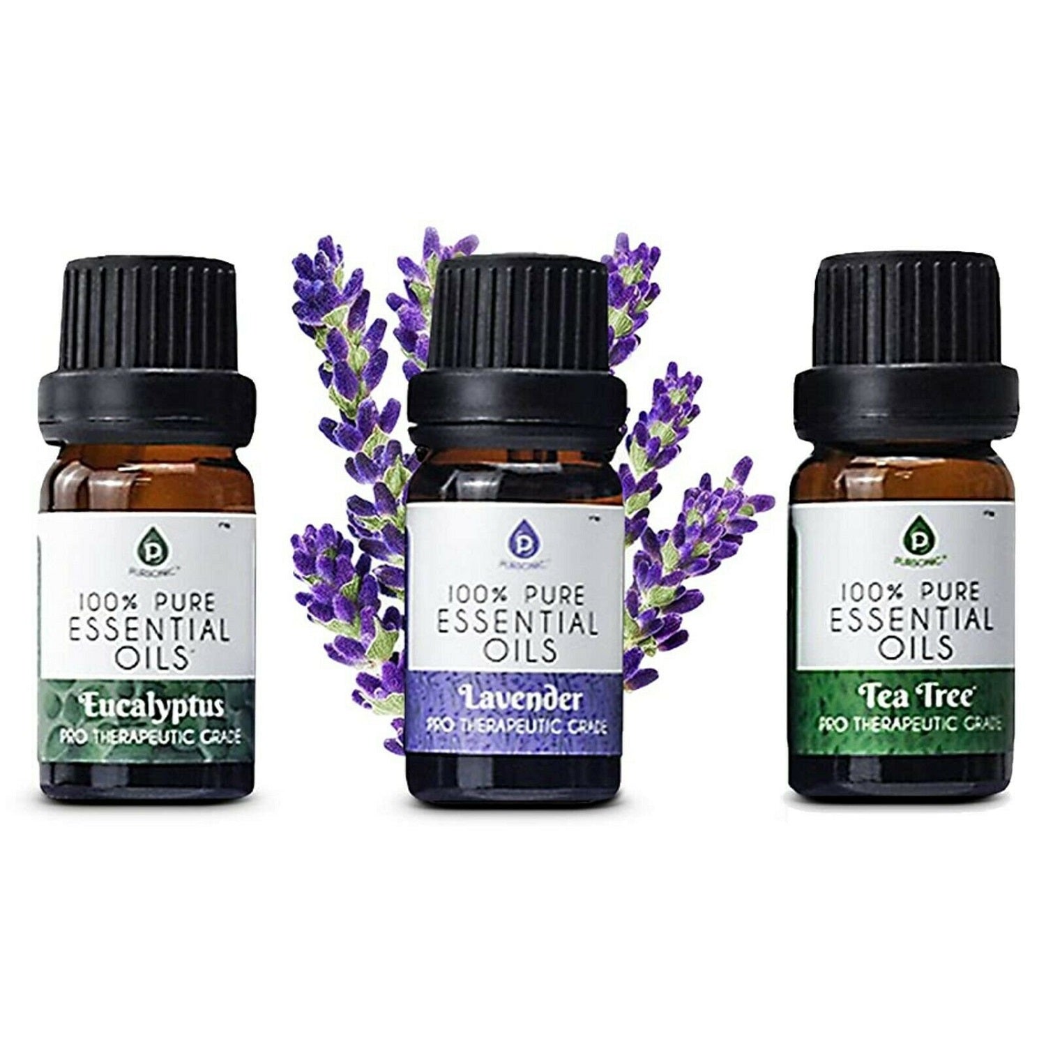 Three bottles of 100% Pure Essential Oils: Eucalyptus, Lavender, and Tea Tree, arranged on a wooden surface with a calming background.