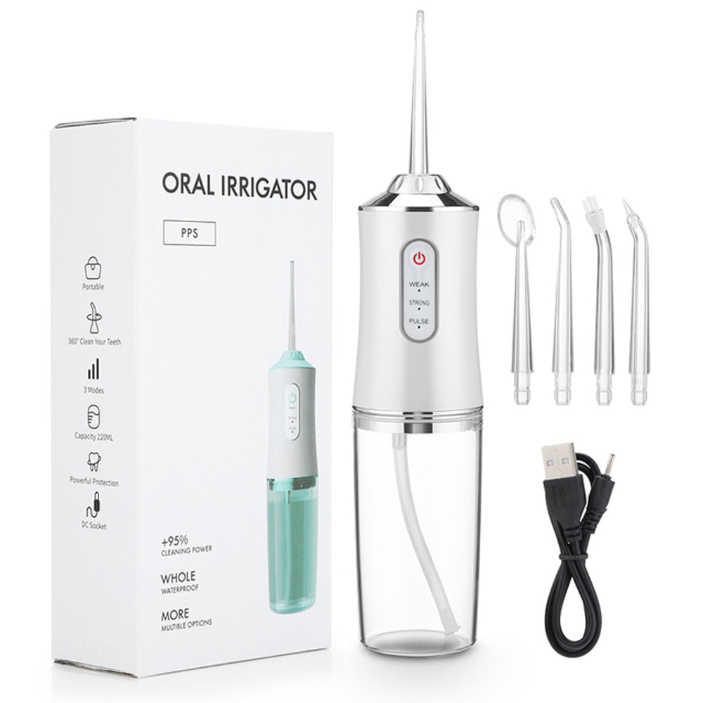 300ML Portable Oral Irrigator in white color with multiple cleaner heads and USB charging line, designed for effective dental care.