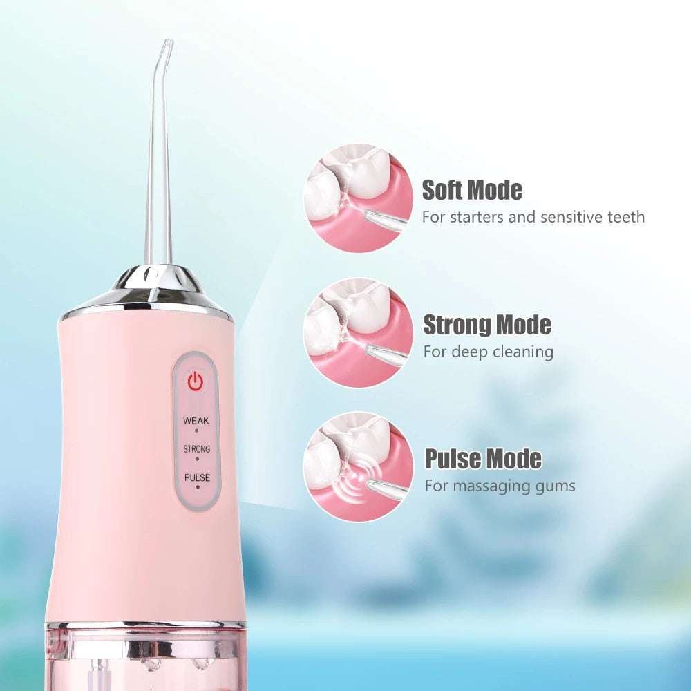 300ML Portable Oral Irrigator in white color with multiple cleaner heads and USB charging line, designed for effective dental care.
