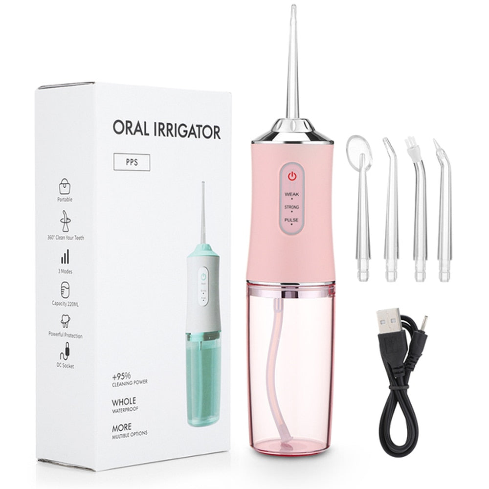 300ML Portable Oral Irrigator in white color with multiple cleaner heads and USB charging line, designed for effective dental care.