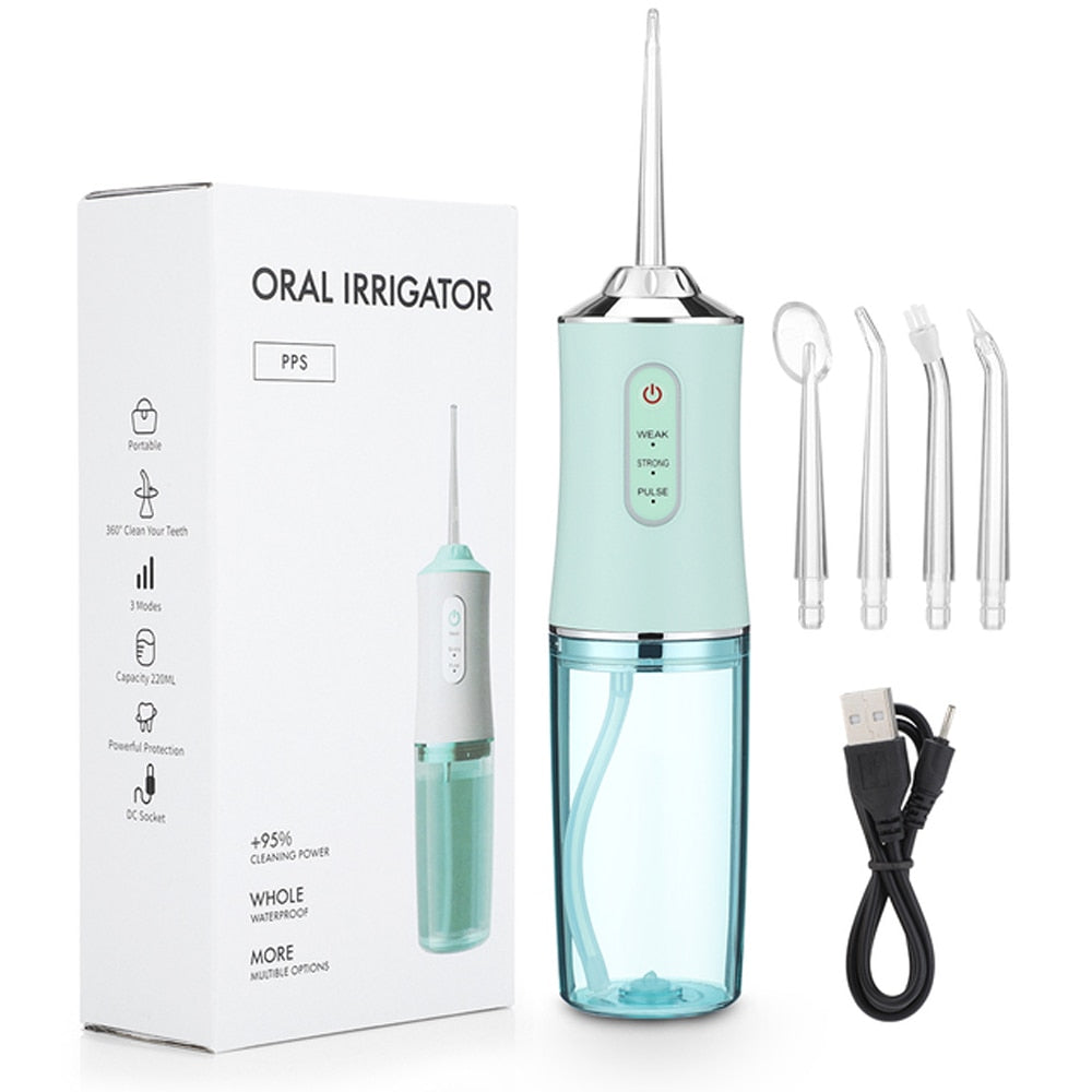 300ML Portable Oral Irrigator in white color with multiple cleaner heads and USB charging line, designed for effective dental care.