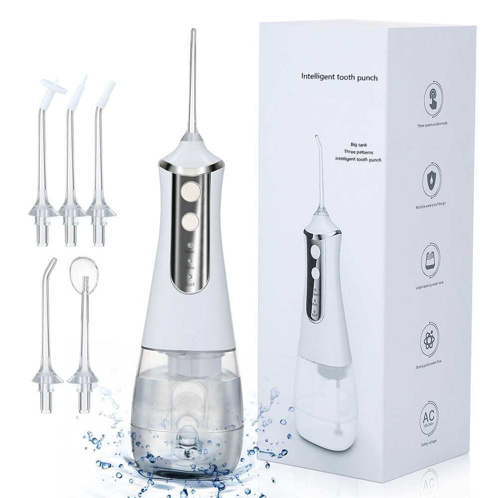 350ml Large Water Tank Dental Flushing Device with USB charging, featuring multiple nozzles and a sleek design for effective oral hygiene.