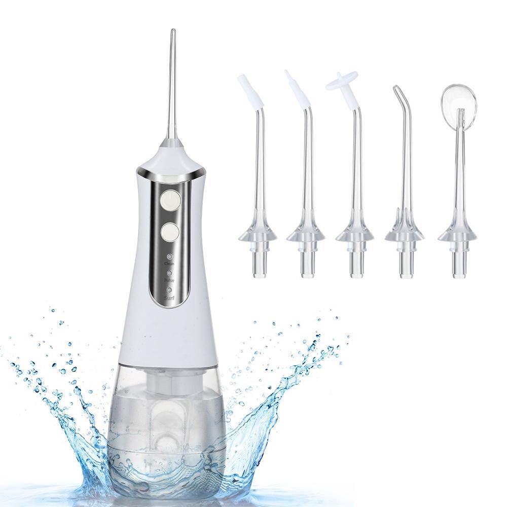 350ml Large Water Tank Dental Flushing Device with USB charging, featuring multiple nozzles and a sleek design for effective oral hygiene.