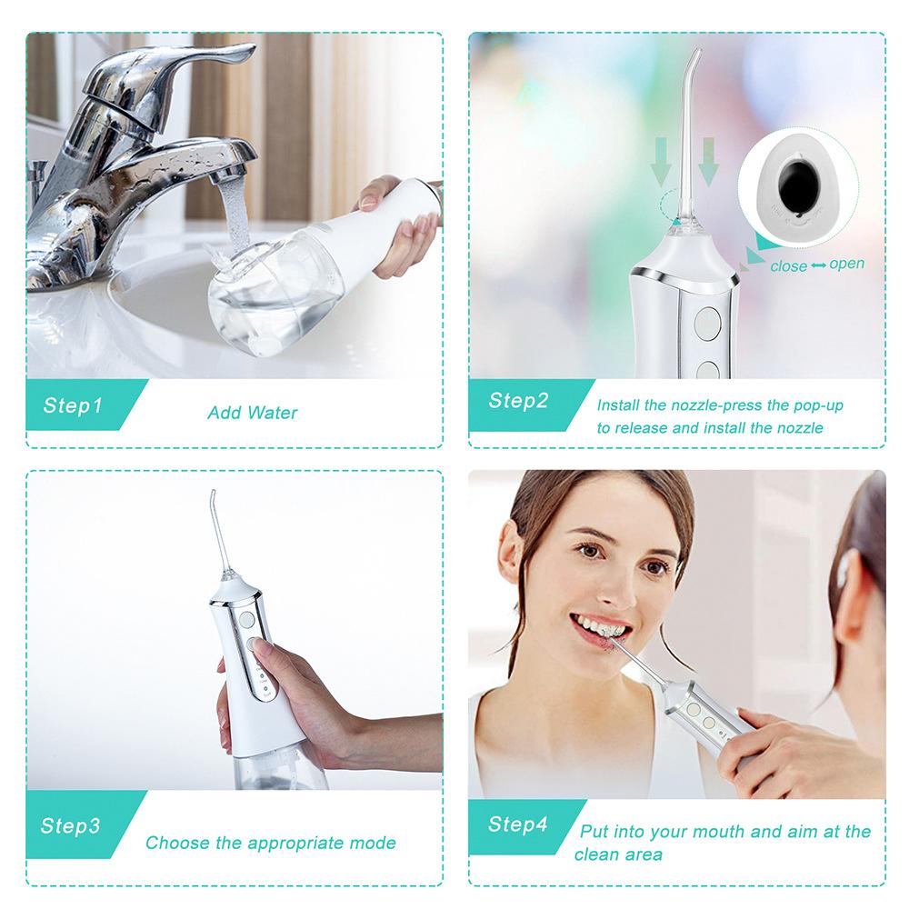 350ml Large Water Tank Dental Flushing Device with USB charging, featuring multiple nozzles and a sleek design for effective oral hygiene.