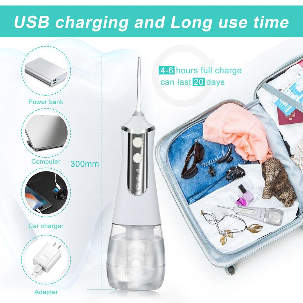 350ml Large Water Tank Dental Flushing Device with USB charging, featuring multiple nozzles and a sleek design for effective oral hygiene.