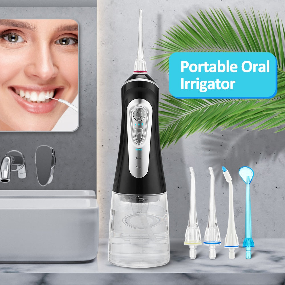 360° Rotation Nozzles Water Flosser with multiple nozzles and USB charging cable, designed for effective oral hygiene.