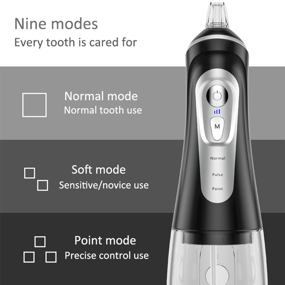360° Rotation Nozzles Water Flosser with multiple nozzles and USB charging cable, designed for effective oral hygiene.
