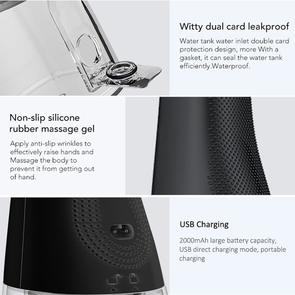 360° Rotation Nozzles Water Flosser with multiple nozzles and USB charging cable, designed for effective oral hygiene.