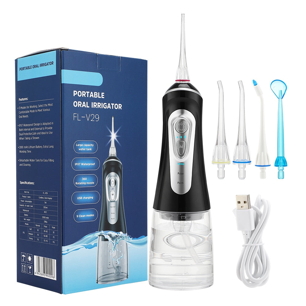 360° Rotation Nozzles Water Flosser with multiple nozzles and USB charging cable, designed for effective oral hygiene.