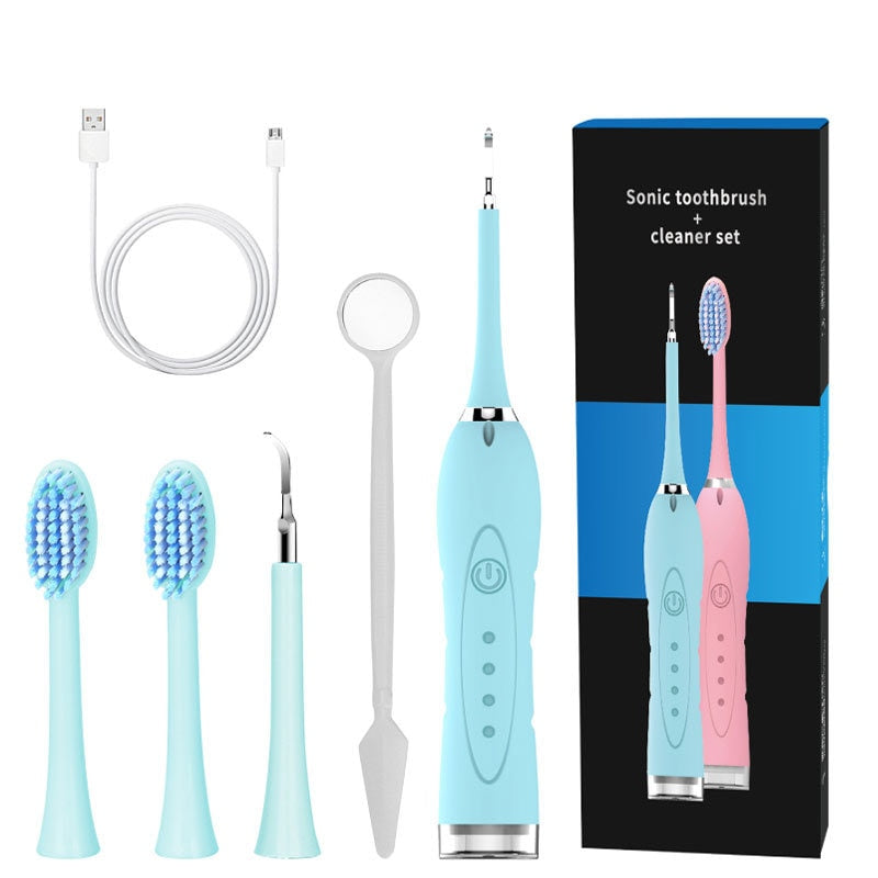 4 Modes Electric Toothbrush Sonic Dental Scaler with USB charging, featuring multiple heads and waterproof design.