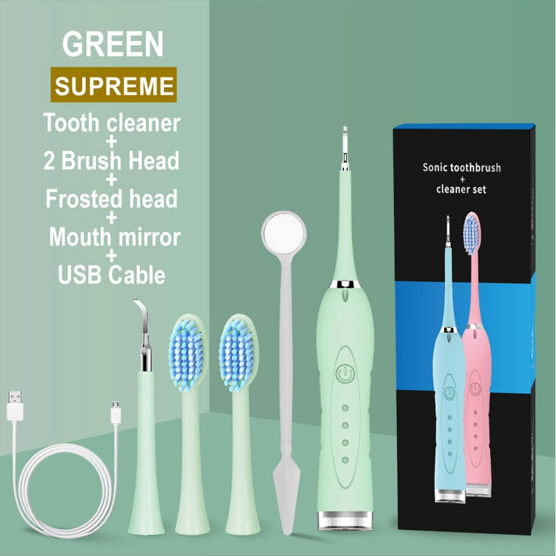 4 Modes Electric Toothbrush Sonic Dental Scaler with USB charging, featuring multiple heads and waterproof design.