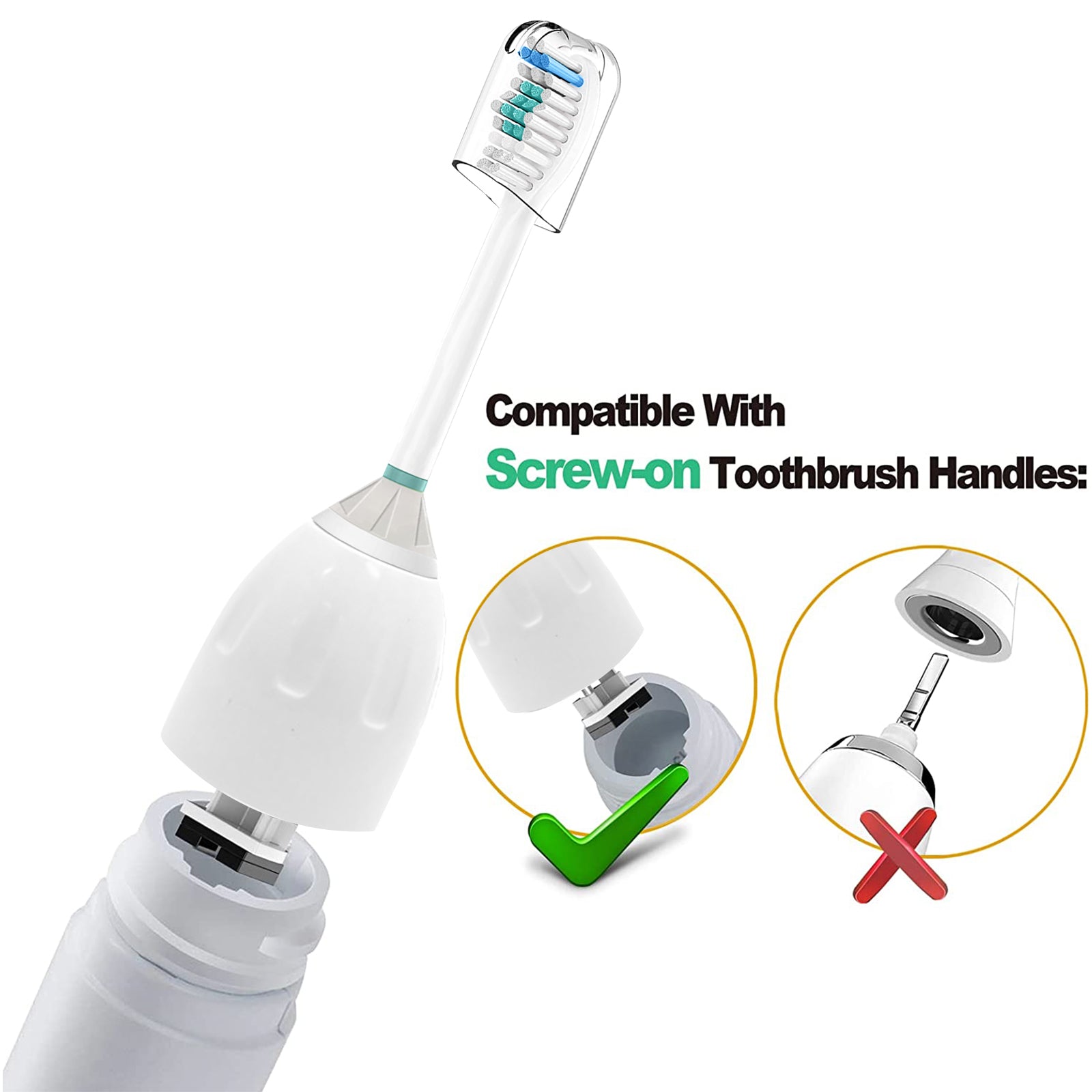 A pack of four replacement toothbrush heads compatible with Philips Sonicare, featuring advanced bristles for plaque removal and hygienic caps.