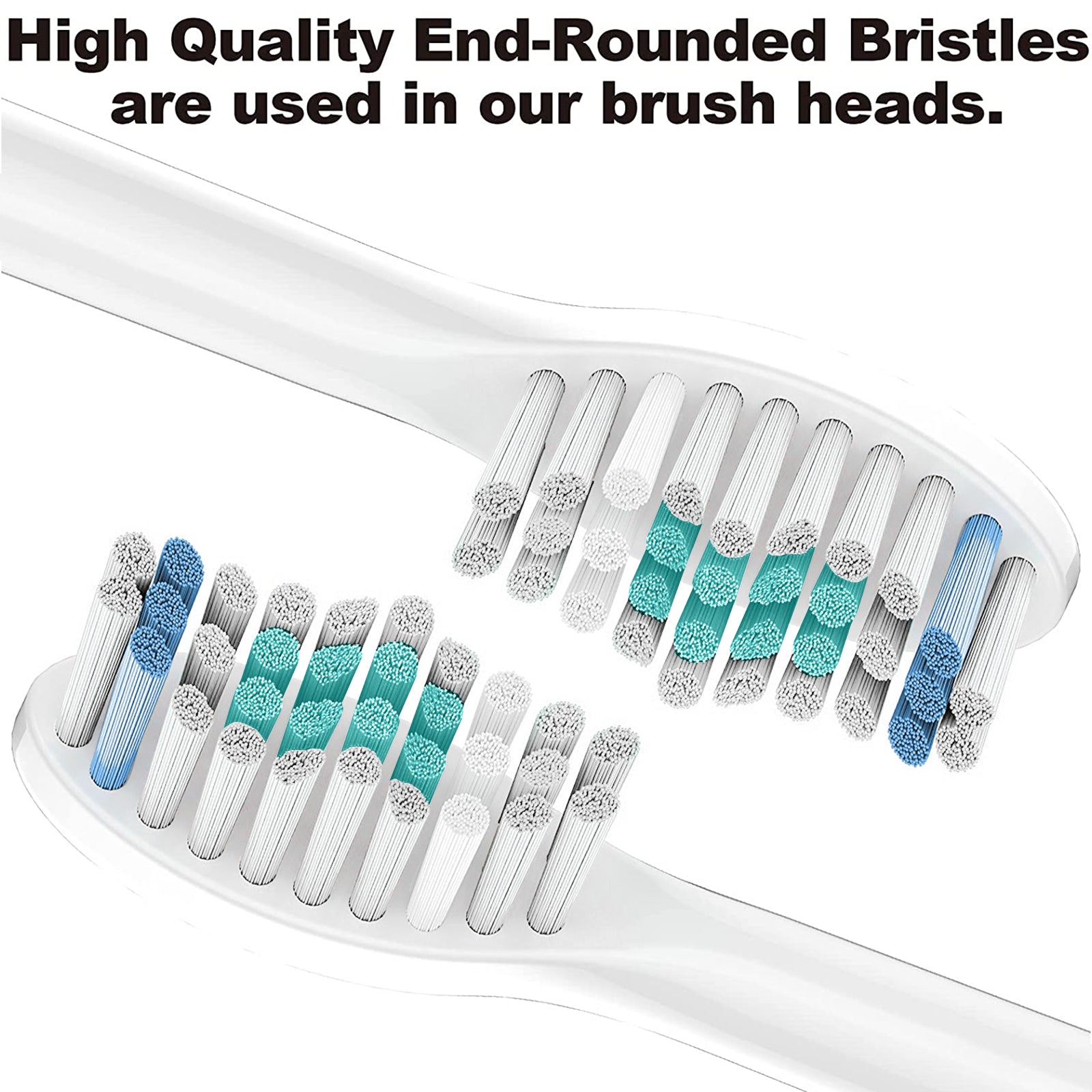 A pack of four replacement toothbrush heads compatible with Philips Sonicare, featuring advanced bristles for plaque removal and hygienic caps.