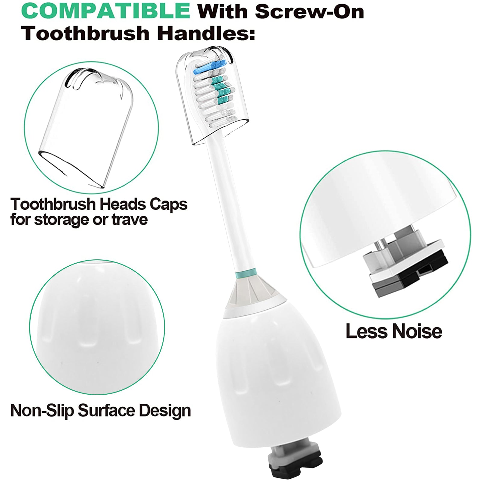 A pack of four replacement toothbrush heads compatible with Philips Sonicare, featuring advanced bristles for plaque removal and hygienic caps.