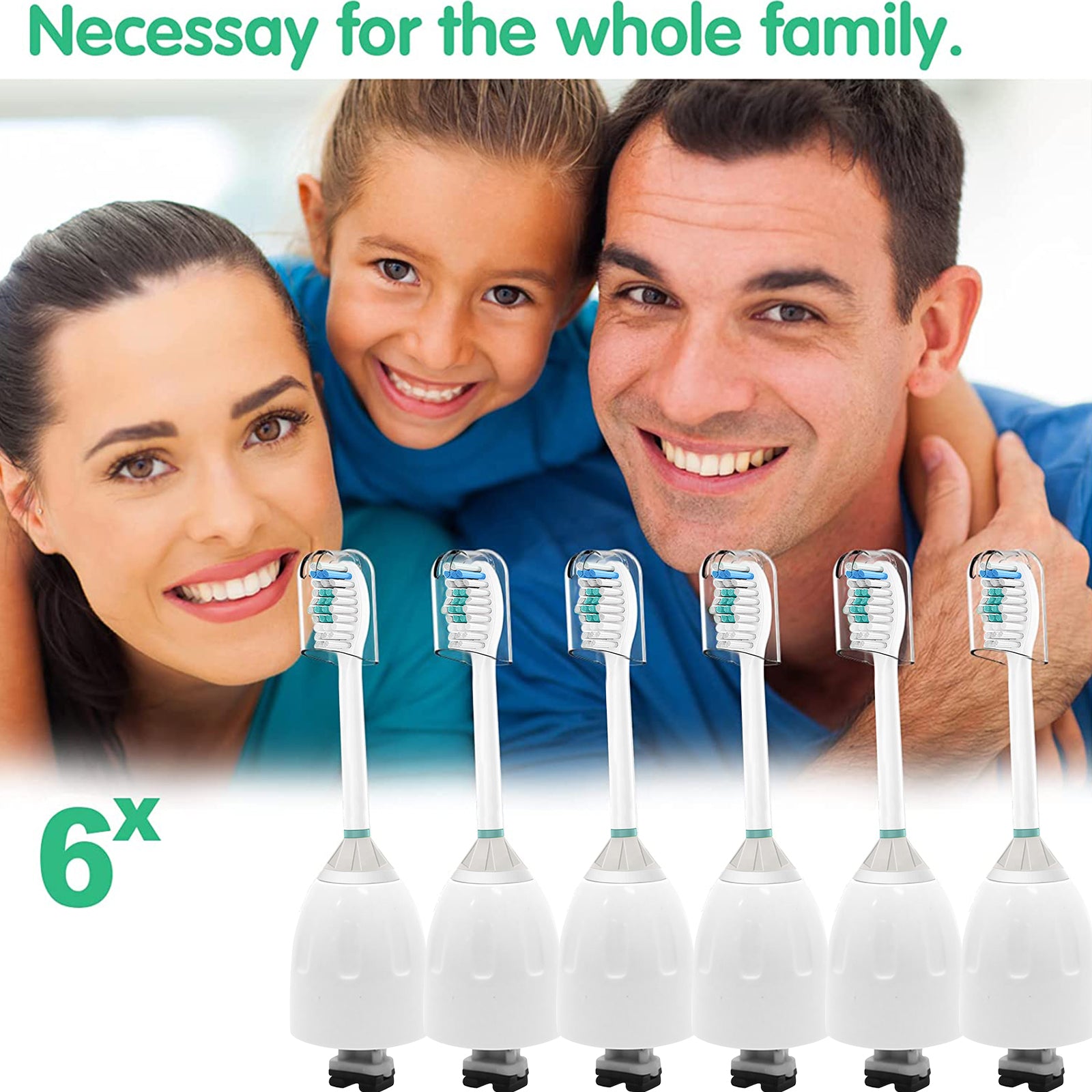 A pack of four replacement toothbrush heads compatible with Philips Sonicare, featuring advanced bristles for plaque removal and hygienic caps.