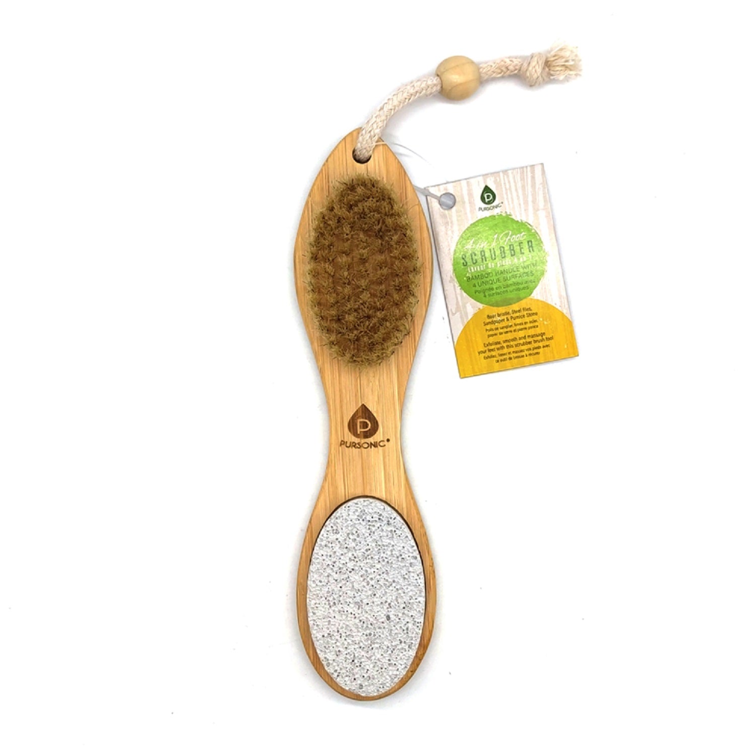 4-in-1 Foot Scrubber with bamboo handle and four exfoliating surfaces including boar bristle, steel files, sandpaper, and pumice stone.
