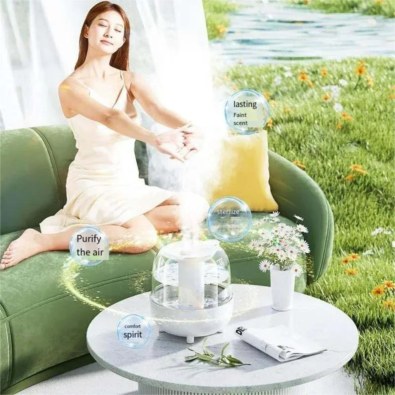 A sleek 4L large capacity air humidifier with USB plug, designed for home and outdoor use, featuring a double spray function and essential oil compatibility.