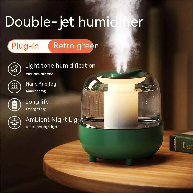 A sleek 4L large capacity air humidifier with USB plug, designed for home and outdoor use, featuring a double spray function and essential oil compatibility.