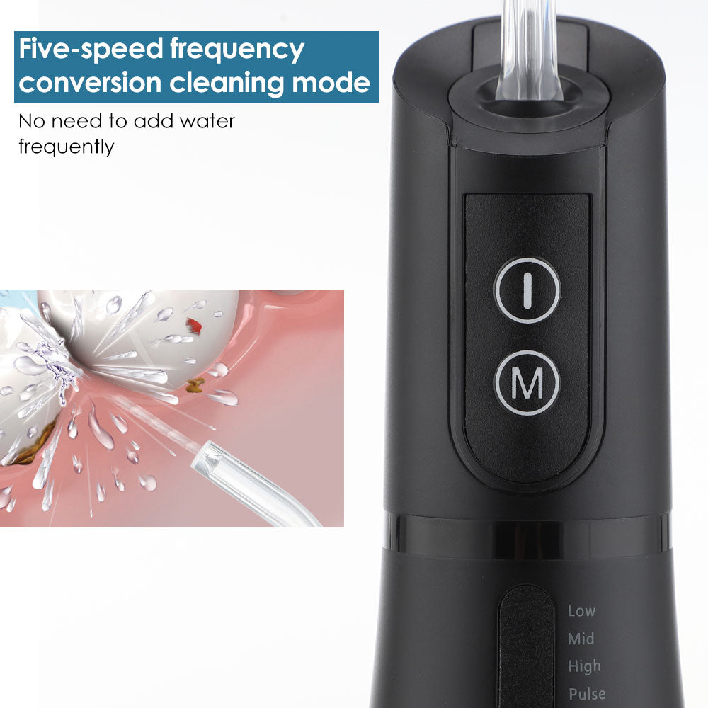 5 Mode Oral Irrigator USB Rechargeable Water Flosser with a sleek design, featuring a large water tank and multiple nozzles for effective dental cleaning.