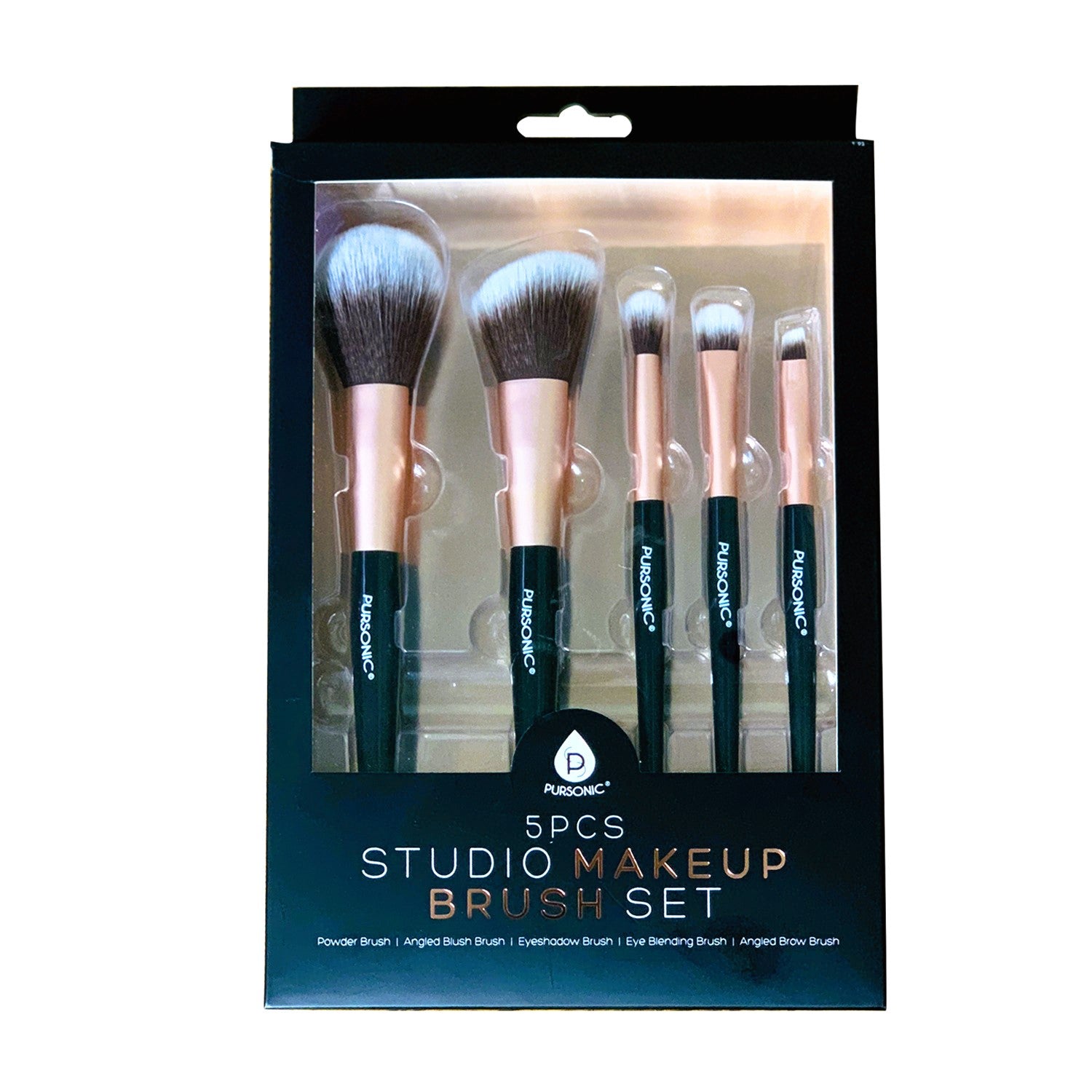 5 Pcs Studio Makeup Brush Set featuring synthetic bristles and matte black handles with gold accents, perfect for makeup application.