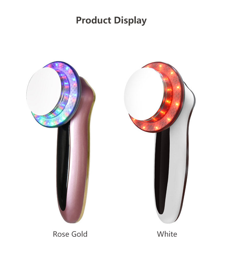 6 in1 Ultrasound Body Photon LED Therapy Facial Massager with various functions for skin care and fat burning, featuring a sleek design and LED lights.