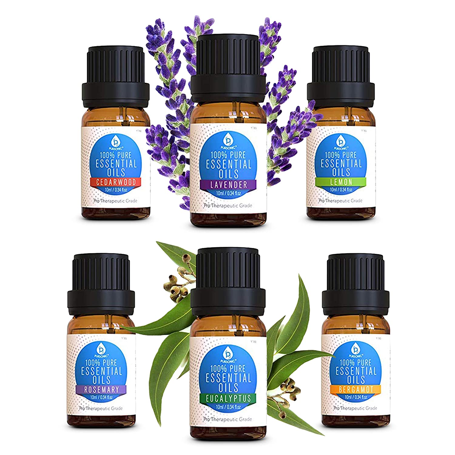 A collection of six 10ml bottles of 100% pure essential aromatherapy oils including Bergamot, Cedarwood, Eucalyptus, Lavender, Lemon, and Rosemary.