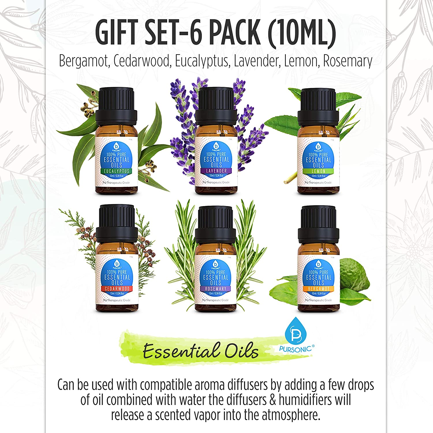 A collection of six 10ml bottles of 100% pure essential aromatherapy oils including Bergamot, Cedarwood, Eucalyptus, Lavender, Lemon, and Rosemary.