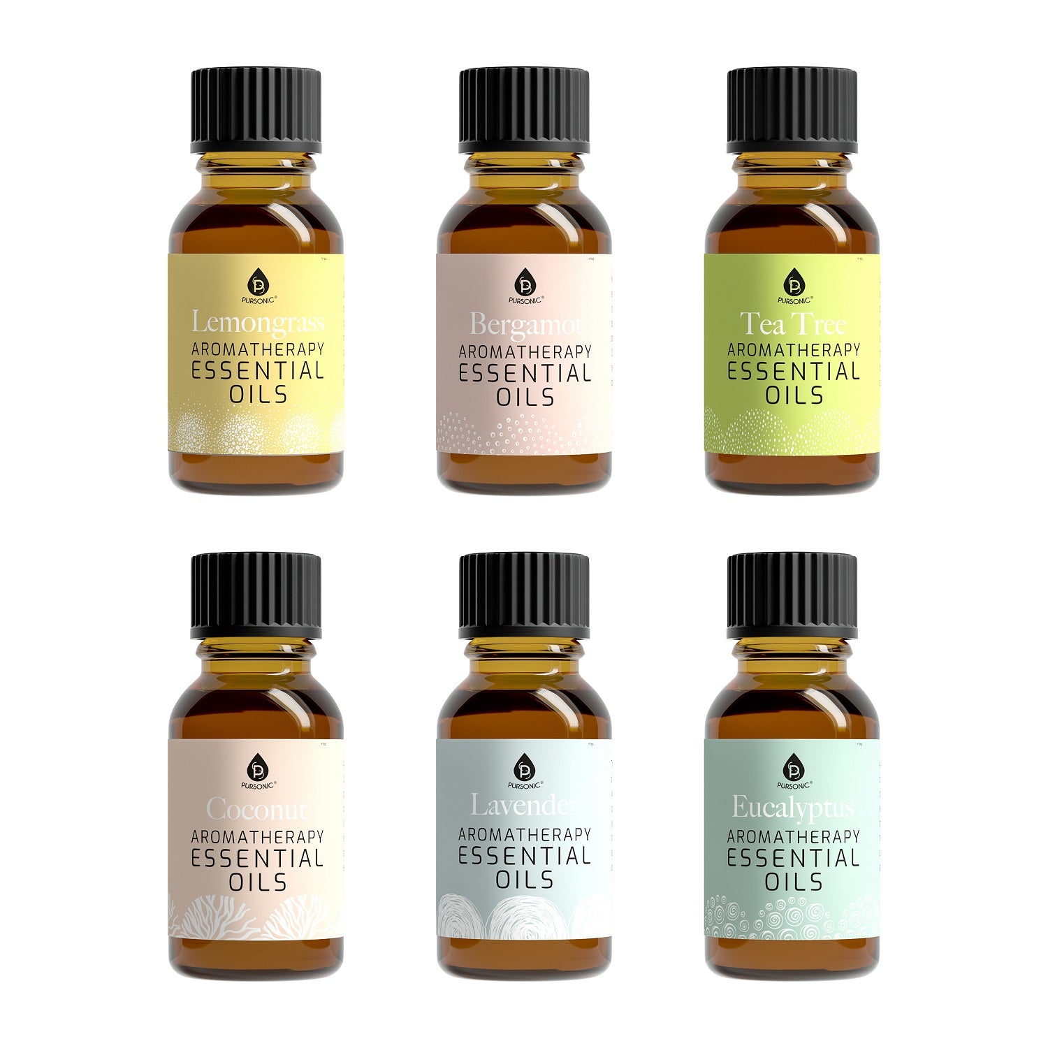 Aromatherapy essential oils pack featuring six bottles: Lavender, Tea Tree, Eucalyptus, Lemongrass, Coconut Fragrant, and Bergamot oils.