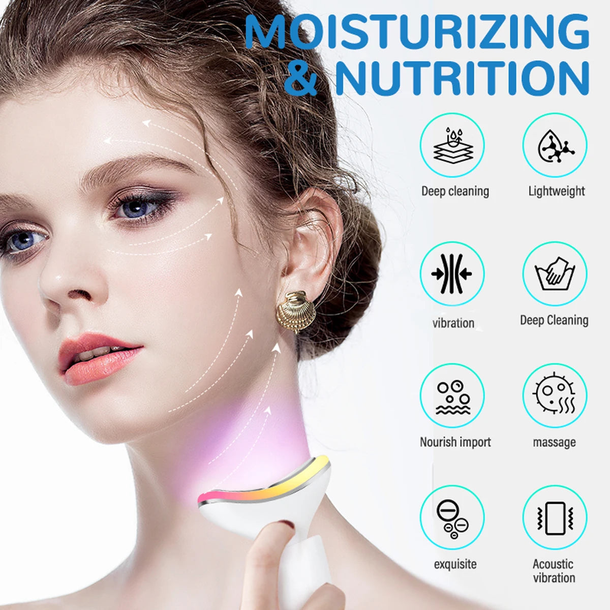 7 Colours Neck Beauty Instrument showcasing its sleek design and multiple light therapy options for skincare.