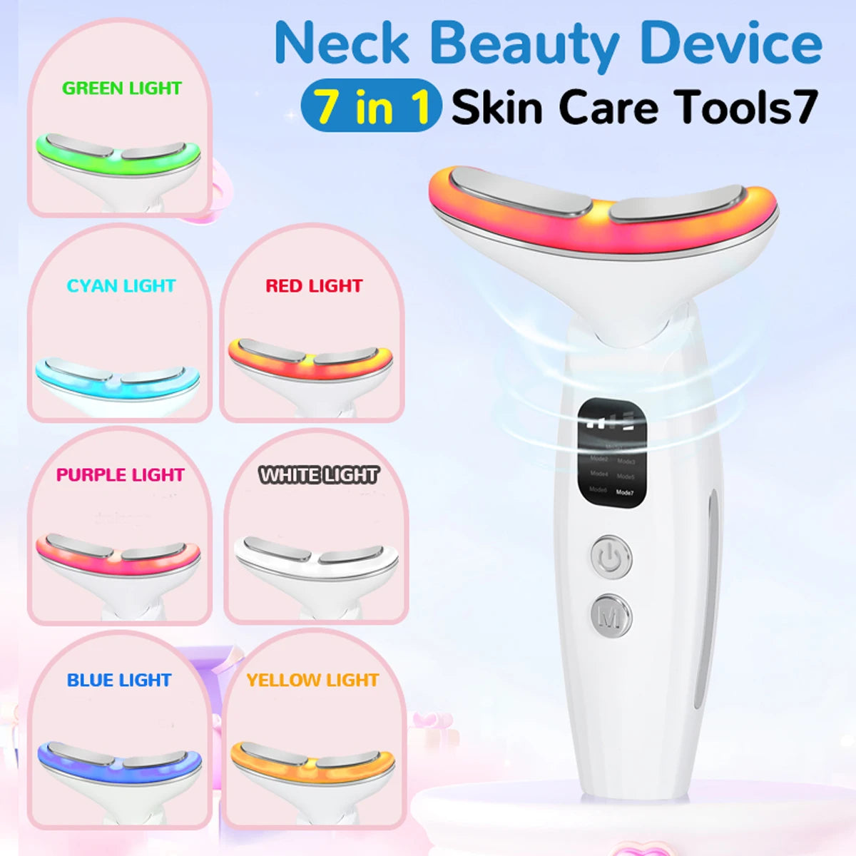 7 Colours Neck Beauty Instrument showcasing its sleek design and multiple light therapy options for skincare.