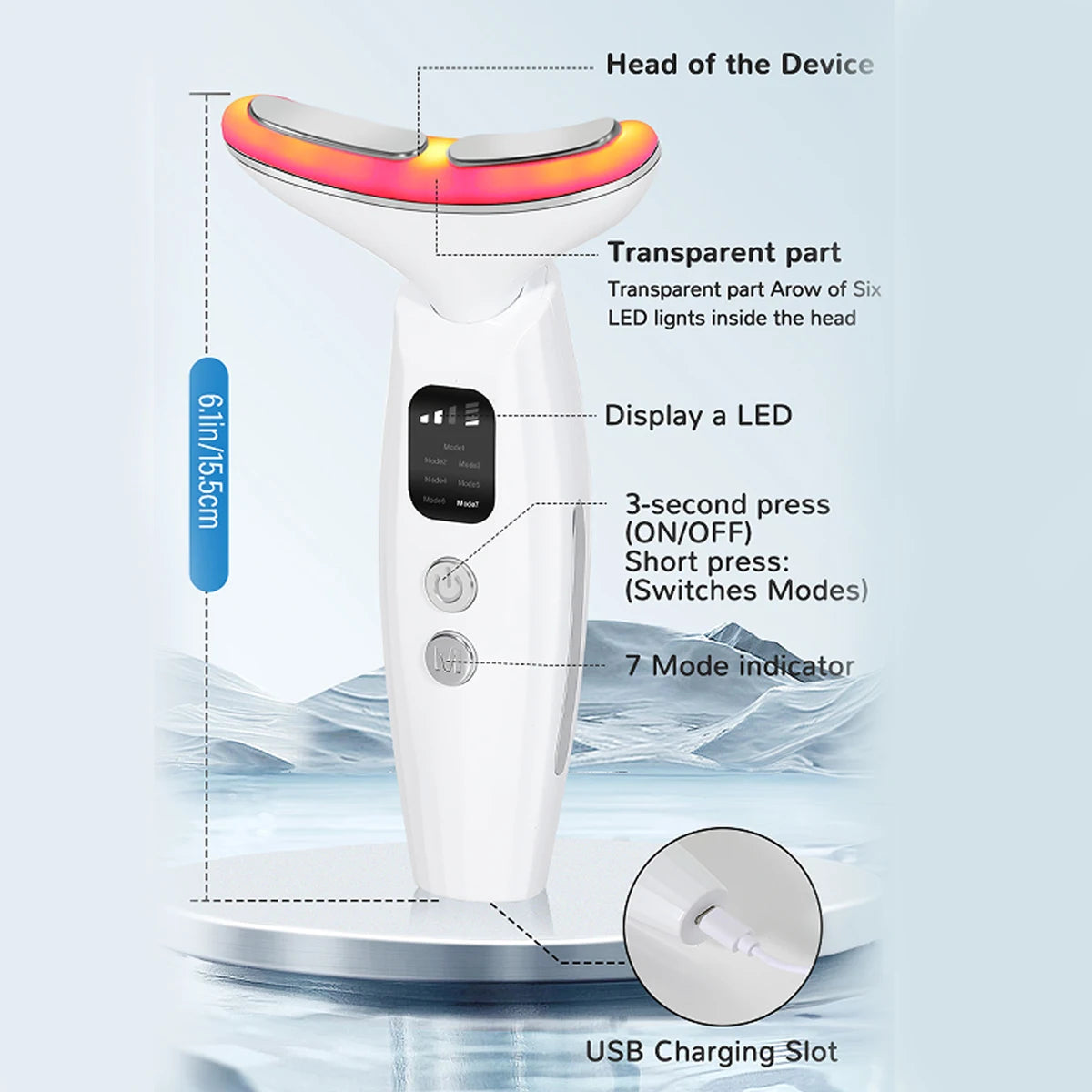 7 Colours Neck Beauty Instrument showcasing its sleek design and multiple light therapy options for skincare.