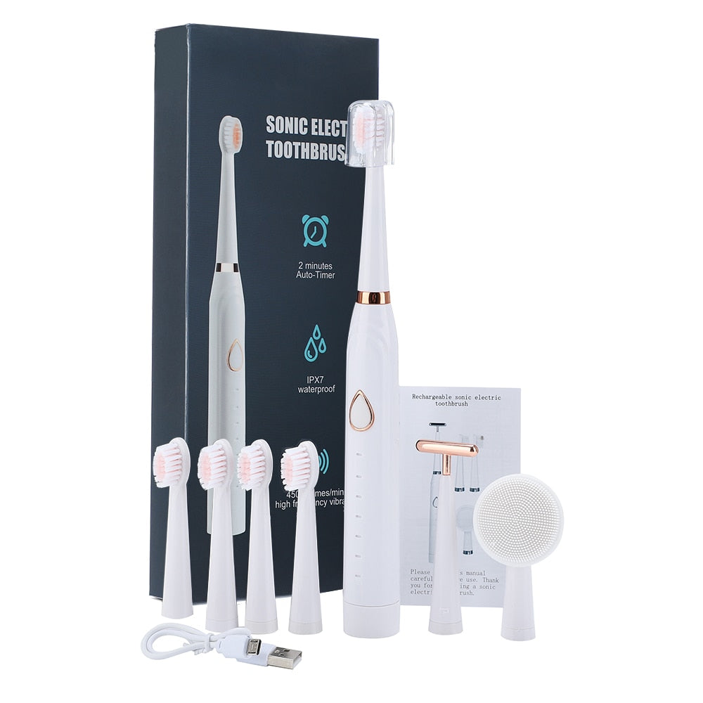 7 in 1 Electric Toothbrush with accessories including toothbrush heads, face wash brush, and massage stick, designed for dental and skin care.