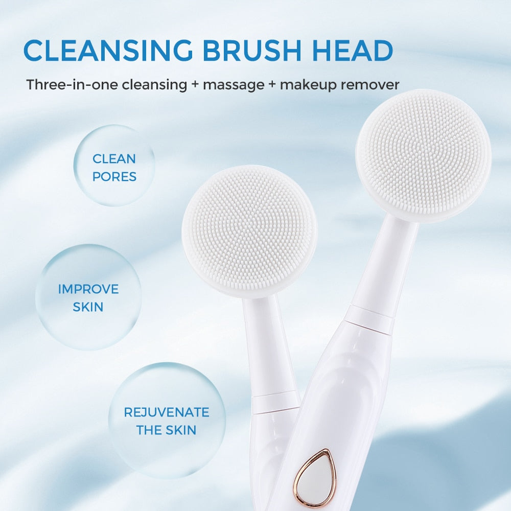 7 in 1 Electric Toothbrush with accessories including toothbrush heads, face wash brush, and massage stick, designed for dental and skin care.
