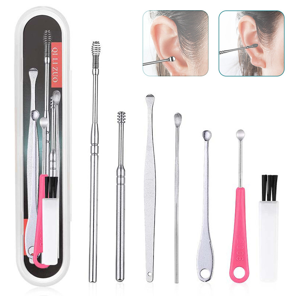 7Pcs/set Ear Wax Pickers made of stainless steel, featuring various ear cleaning tools in a compact design.