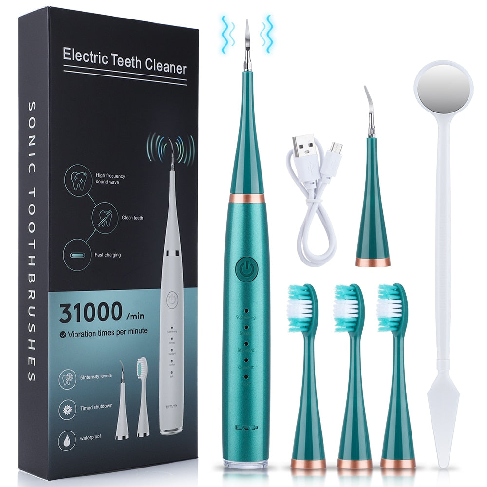 7pcs Sonic Dental Scaler Set with various cleaning heads and accessories for effective dental care.