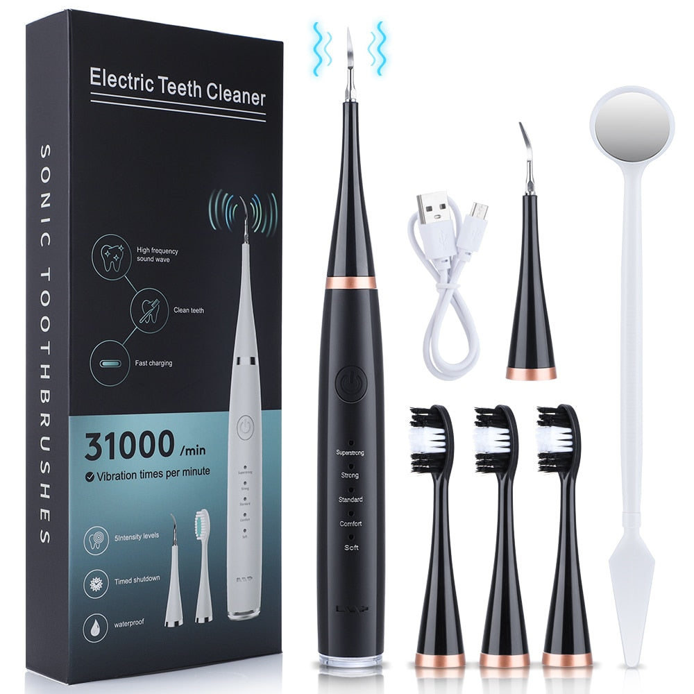 7pcs Sonic Dental Scaler Set with various cleaning heads and accessories for effective dental care.