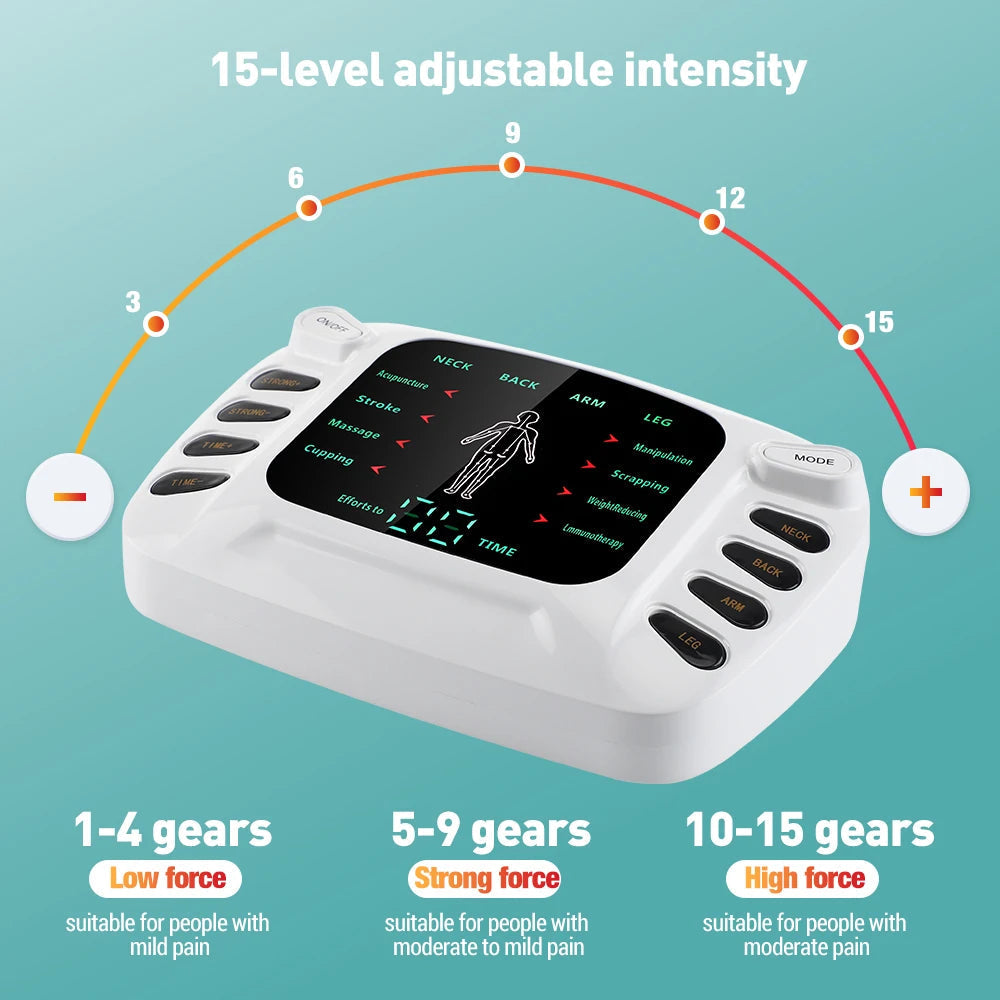 8 Modes 15 Levels Electric Massager with dual output and large color screen for easy operation, designed for muscle relief.