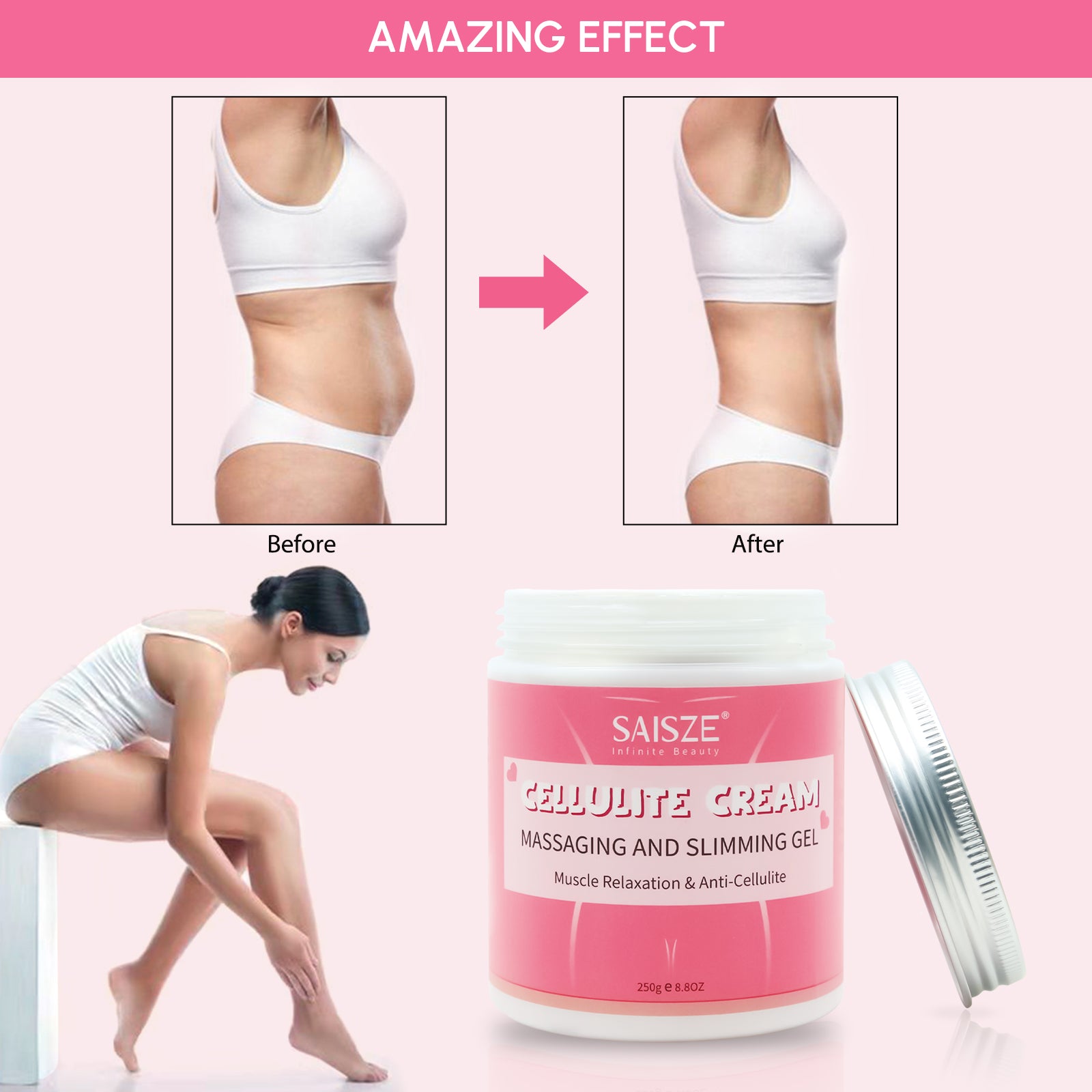 8.8 oz Anti Cellulite Body Slimming Cream with a massager, showcasing its packaging and texture.